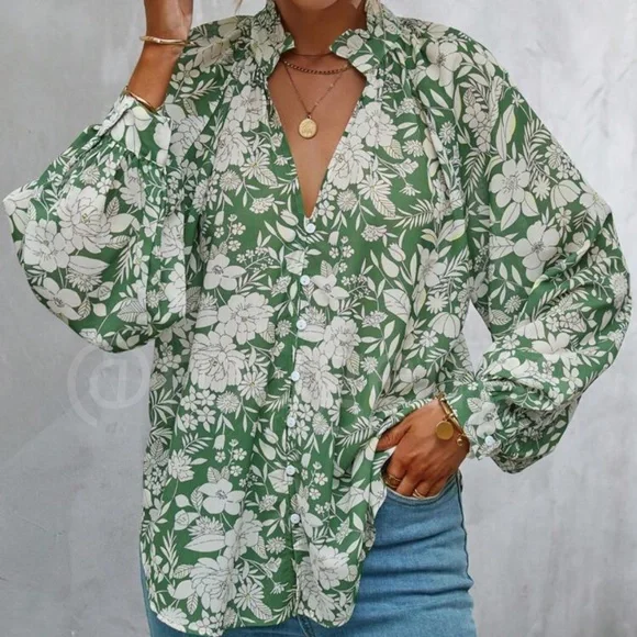 Floral Print Green White Button Down Shirt Bishop Long Sleeve - Picture 7 of 11